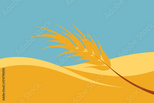Wheat stalk blowing in the wind over golden field