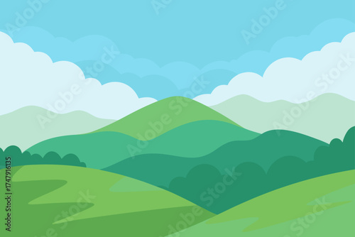 Landscape illustration of rolling hills and clouds