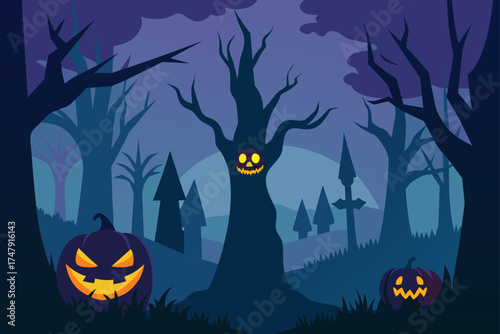 Halloween night scene with pumpkins and spooky tree