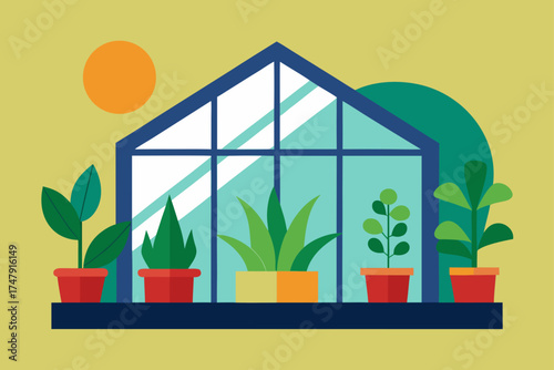 Greenhouse interior with potted plants and sunlight