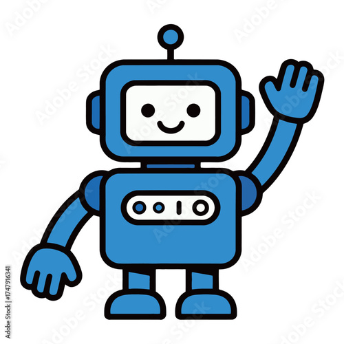 Cute Cartoon Blue Robot Waving Hello or Goodbye with Happy Face Illustration