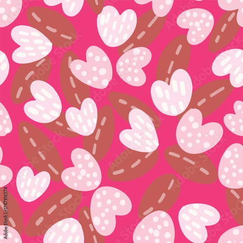 Heart shaped blooms entwined with leaves, forming a cute romantic pattern in colors of pink, brown and off white. Valentine’s Day seamless vector pattern. Great for home decor, fabric, wallpaper, gift
