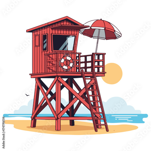 Red Lifeguard Tower on a Sunny Beach with Umbrella and Lifebuoy