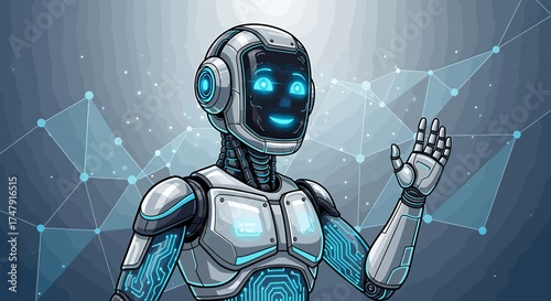 Friendly Robot Waving Hello with Glowing Blue Eyes and Circuitry.