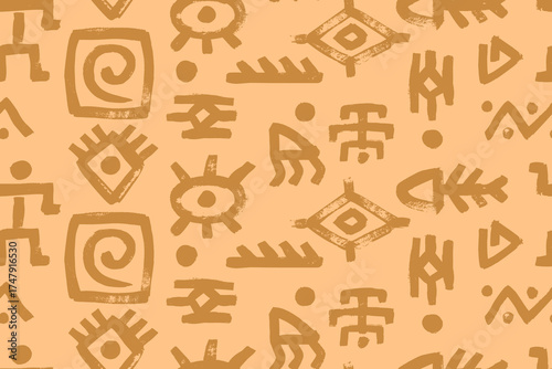 Ethnic seamless vector drawing with swirl, fish bone, eye motifs. Handcrafted wallpaper design using brown and beige wax crayon, charcoal, ink brush strokes with tropical and traditional people.