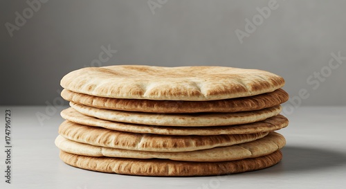Freshly baked pile of soft pocket pita bread on a simple grey table background
