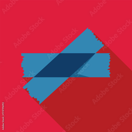 Two pieces of blue masking tape are crossed, making an x shape over a red background