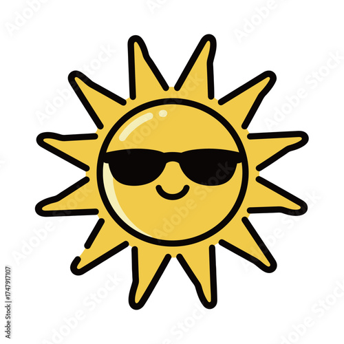 Cute Cartoon Yellow Sun with Sunglasses and Happy Face Illustration