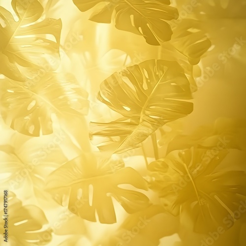 Golden Monstera Leaves Background, Tropical Plant, Yellow