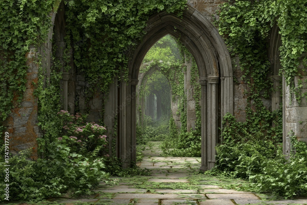 Fototapeta premium Ruined arches covered in ivy create mystical forest path. Ancient stone and green plants form enchanted hidden walkway.