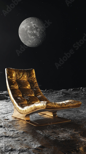 Golden lounge chair on the moon with a full moon in the background at night