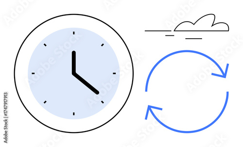 Circular clock face with arrows symbolizing rotation and cycles, paired with a minimal cloud. Ideal for time, process, renewal, productivity, planning, flow, and simple flat metaphor