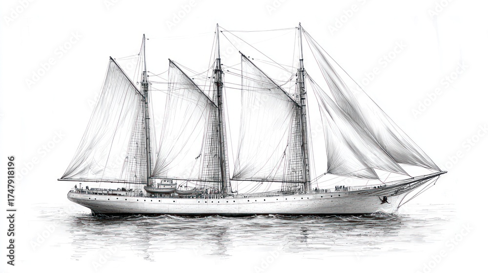 Obraz premium Tall sailing ship at sea, detailed illustration in gray