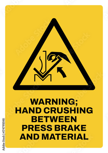 warning safety signs v3 uppercase text_warning ; hand crushing between press brake and material_portrait size a4/a3/a2/a1	 
