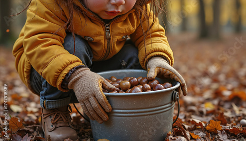 Child collecting acorns in woods during autumn with focused expression  