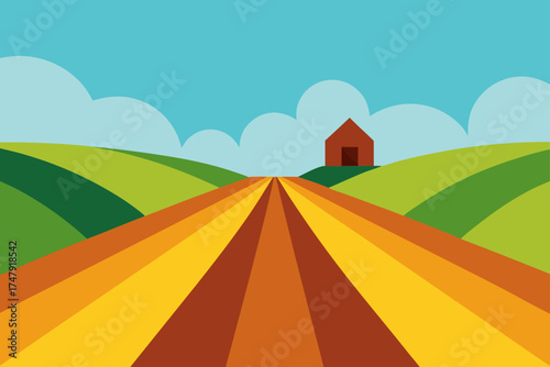 A colorful road leading to a house on a green hill