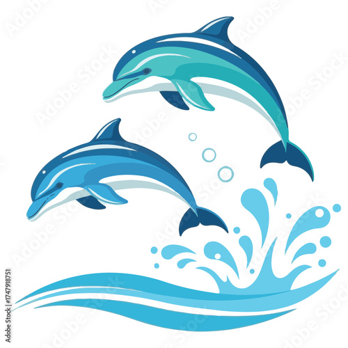 Dynamic Illustration of Two Blue Dolphins Leaping from Ocean Water with Splashes