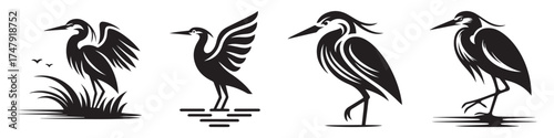 Nature Landscape Outdoor Heron Bird Icon, Flat Silhouette of a Wildlife Scene Vector for Adventure Illustration Design