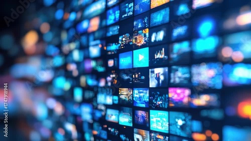 Multiple screens displaying various colorful images and videos, creating digital media wall