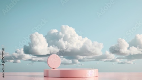 Pastel pink podium with a cloud-filled sky background, designed for modern product displays in a dreamy studio.