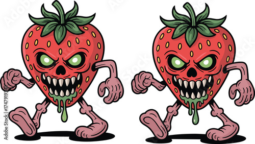 Cartoon strawberry monster character illustration with horror features, muscular body, slime details for fantasy, parody, mascot, and Halloween concept