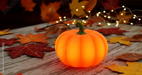 Illuminated pumpkin rests on a wooden surface surrounded by autumn leaves and festive lights.