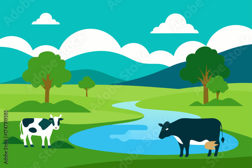 Cows grazing in a green field near a winding river