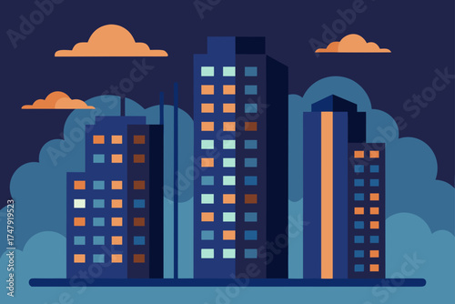 Cityscape view at night with buildings and clouds