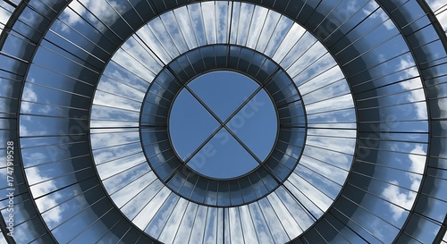 Modern circular glass ceiling architecture reflecting a clear blue sky on a sunny day