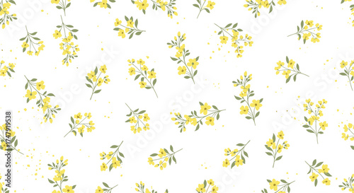 A delicate pattern of small yellow flowers scattered across a white background.