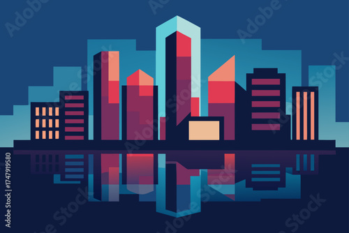 Cityscape illustration with building reflections