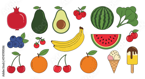 An assortment of colorful fruits and refreshing frozen treats arranged in a vibrant display.