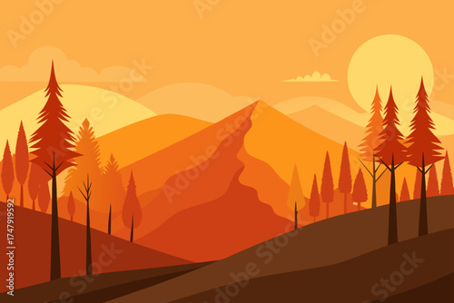 Illustration of a landscape with mountains and trees