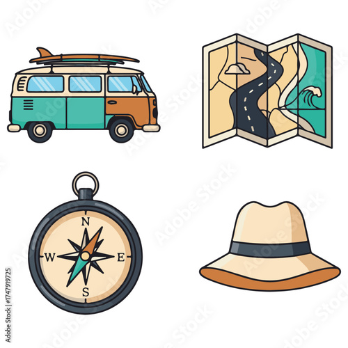 Collection of Travel and Adventure Icons: Camper Van, Map, Compass, and Hat