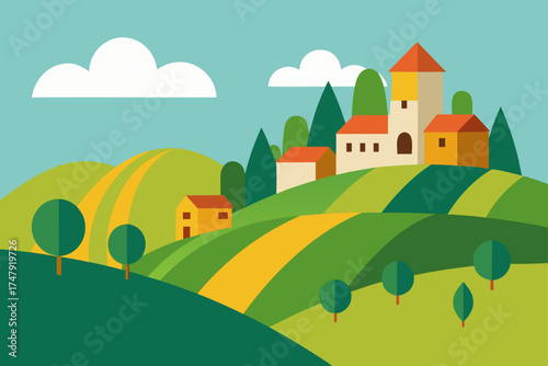 Cartoon village landscape with hills and buildings