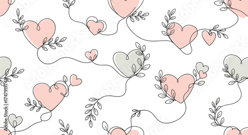 A charming seamless pattern featuring delicate pink and grey hearts adorned with small leafy branches and dashed lines creating a whimsical romantic aesthetic.