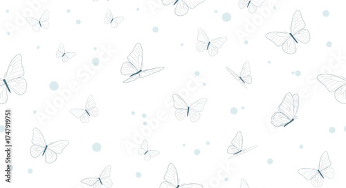 Delicate blue dotted butterflies flutter across a soft white background with subtle light blue circles.