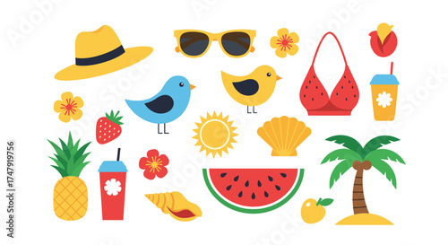 A vibrant collection of summer-themed illustrations featuring various iconic elements.