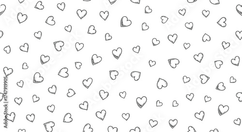 A delightful pattern of hand-drawn hearts scattered across a clean white background.