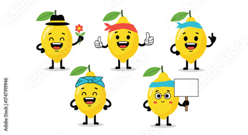 Cute cartoon lemons with happy expressions and different accessories like hats and headbands holding flowers and signs.