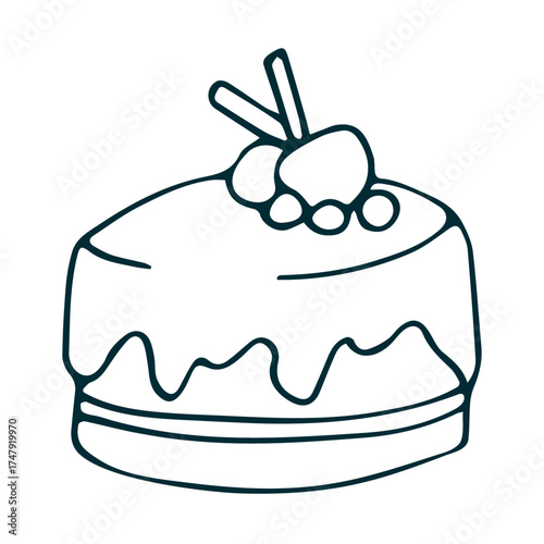 Outline cake with berries and cinnamon sticks illustration