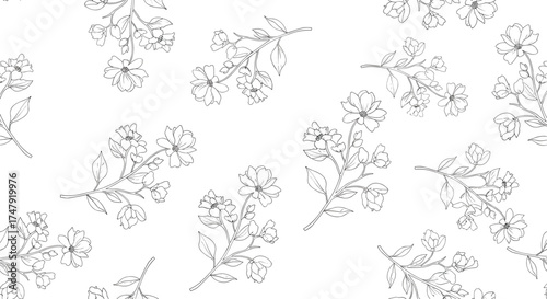 Abstract pattern with scattered floral elements and a whimsical artistic feel.