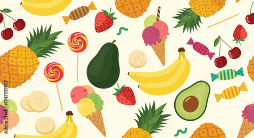 A vibrant assortment of fresh fruits sweet candies and cool ice cream cones displayed on a cream background.