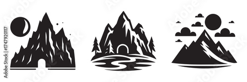 Nature Landscape Outdoor Mountain Cave Icon, Flat Silhouette of an Outdoor Scenery Vector for Adventure Illustration Design