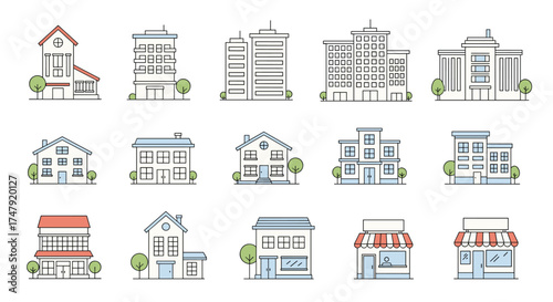 A Collection of Diverse Modern Building and House Icons.