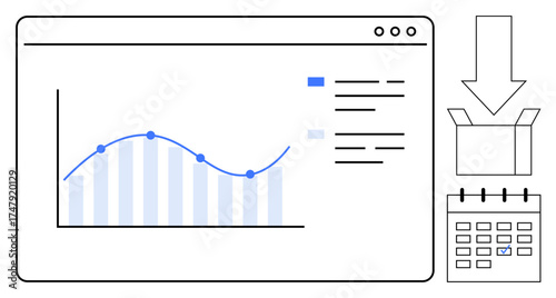 Data chart displaying progress trend, calendar for planning, action box for downloading or storing files. Ideal for project management, analysis, organization, strategy, workflow, productivity