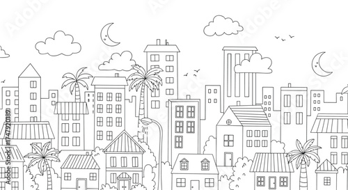 A whimsical black and white illustration of a city skyline with playful clouds and crescent moons overhead.