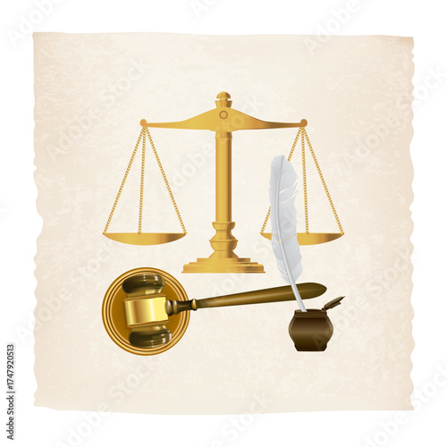 Golden scales of justice, judge’s gavel, and quill with inkwell on vintage parchment background. Elegant classical symbol of law, fairness, and legal authority.