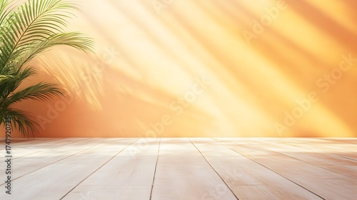 Minimalist orange wall with plant and sun light on wood floor background