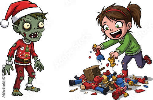 Cartoon zombie and excited girl playing with broken toys, humorous Christmas vector illustration mixing horror, fun, and festive holiday themes